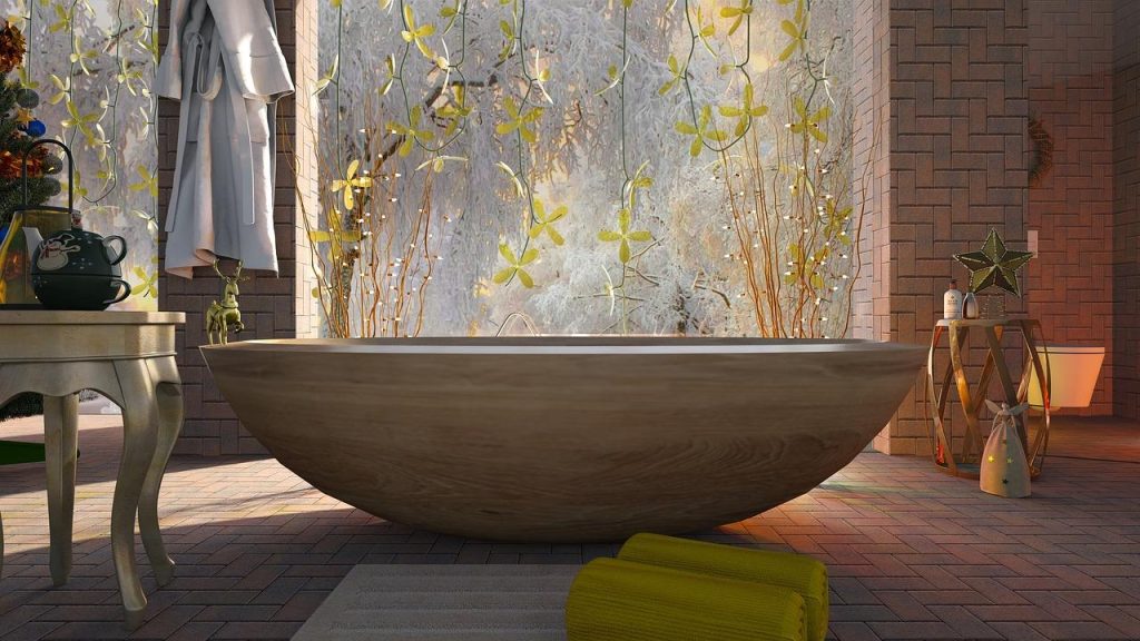 Luxe wellness badkamer met vrijstaand bad, zachte verlichting en natuurlijke elementen voor ontspanning en rust